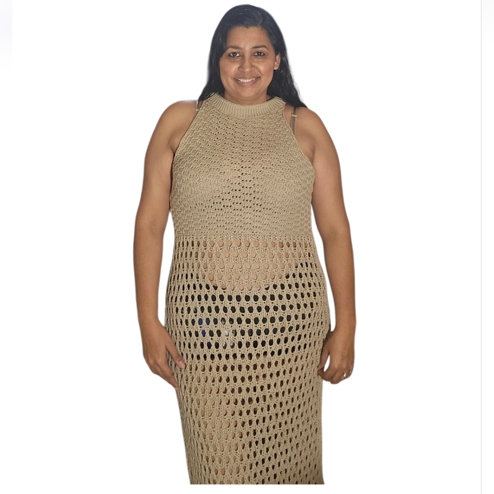 Crochet Cover Up Beach Hollow Out Sleeveless Bikini Swimsuit Side Split Dress - Picture 7 of 16
